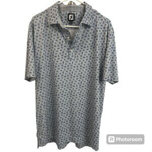 FootJoy Athletic Fit Deco Print Self Collar Golf Polo - Heather Grey with Blue
